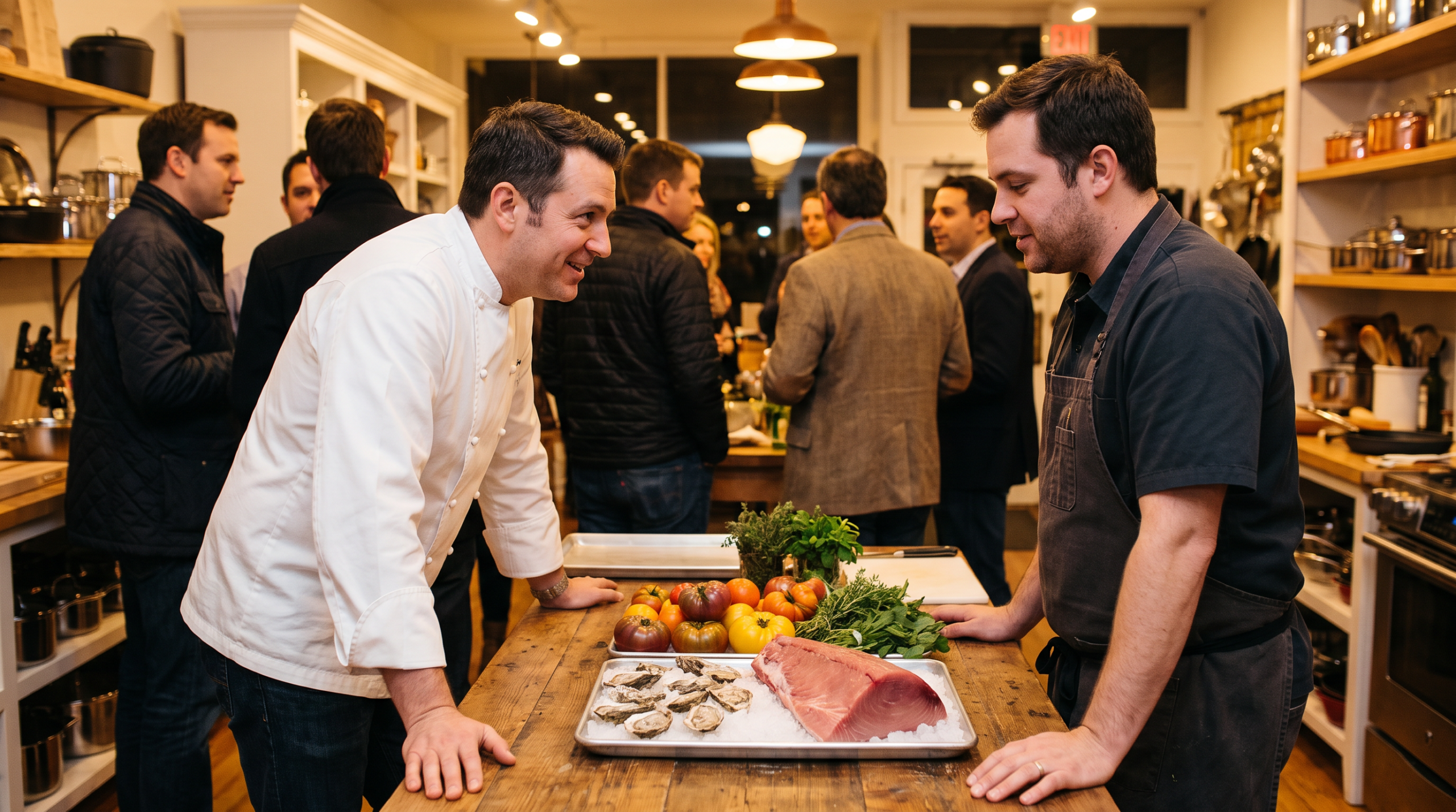 A yacht chef talks with a provisioner over a tray of fresh tuna, oysters and produce at an evening supply-store event